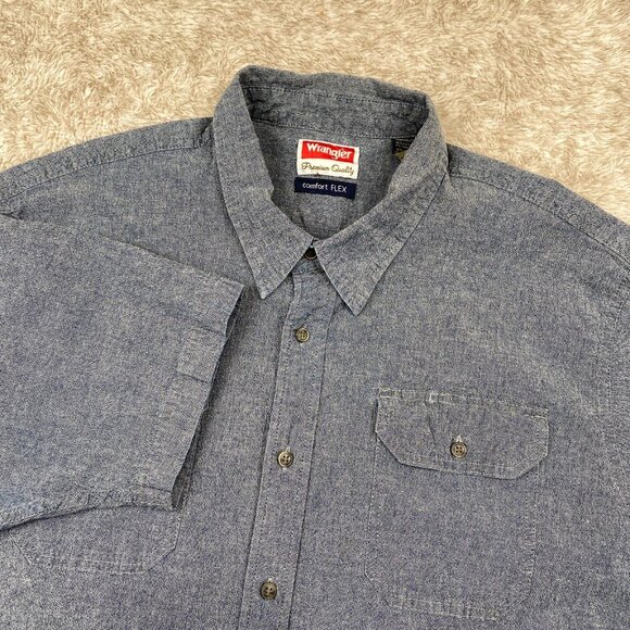 Wrangler Blue Chambray Short-Sleeve Button-Up Shirt Dual Chest Pockets 2XL - Picture 1 of 10